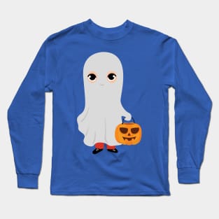 Halloween Kid dressed as ghost holding Long Sleeve T-Shirt